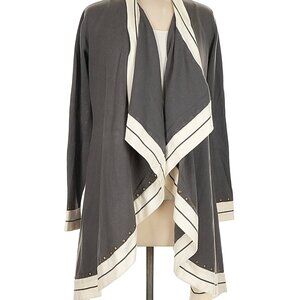 Boston Proper Gray and Cream Open Front  Asymmetrical Sweater with Accents M